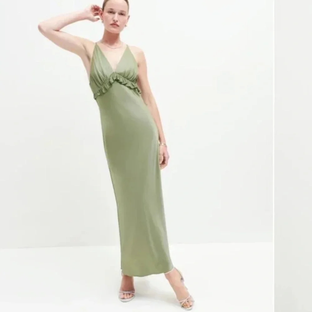 Reformation Madrigal Satin Dress in Artichoke - Picture 3 of 7